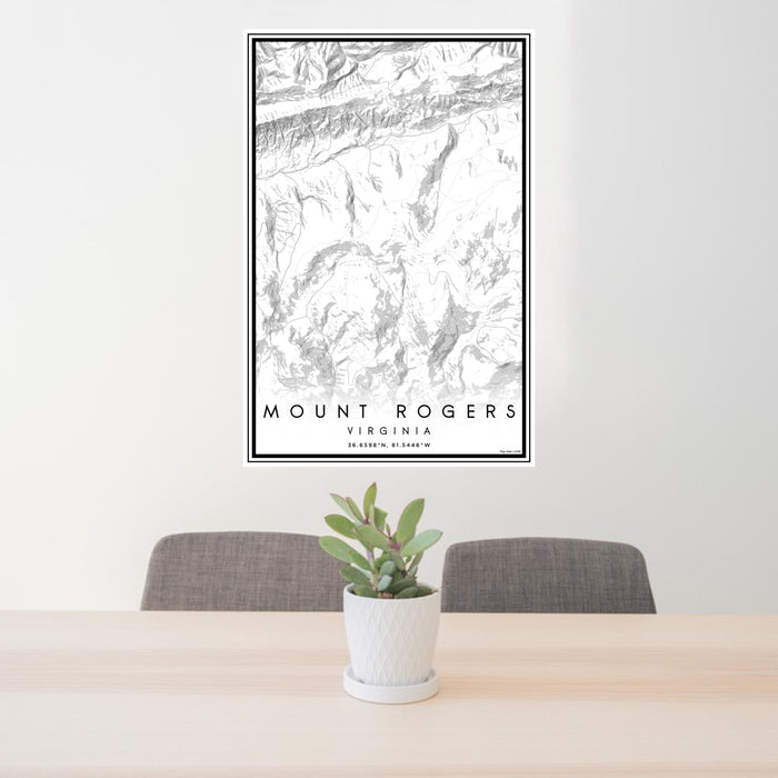 24x36 Mount Rogers Virginia Map Print Portrait Orientation in Classic Style Behind 2 Chairs Table and Potted Plant