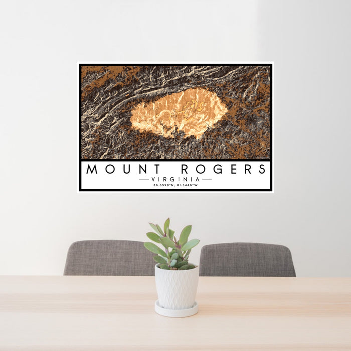 24x36 Mount Rogers Virginia Map Print Lanscape Orientation in Ember Style Behind 2 Chairs Table and Potted Plant