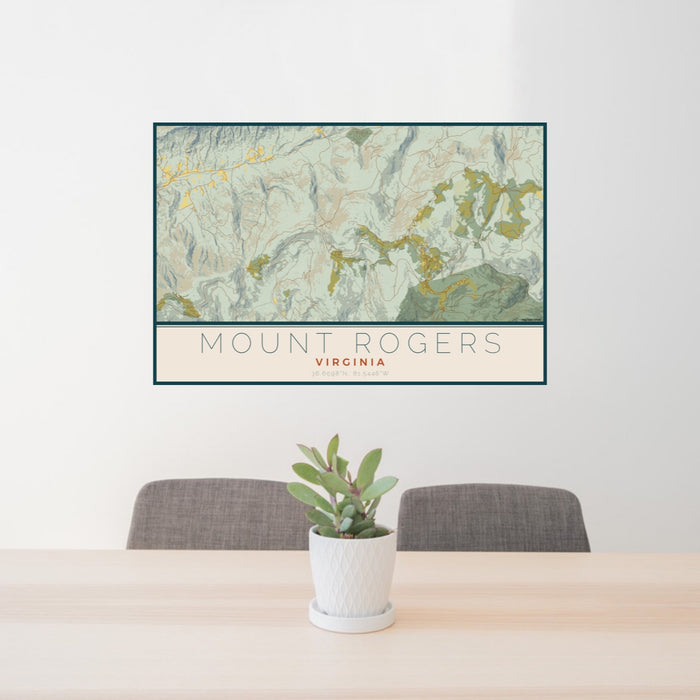 24x36 Mount Rogers Virginia Map Print Lanscape Orientation in Woodblock Style Behind 2 Chairs Table and Potted Plant