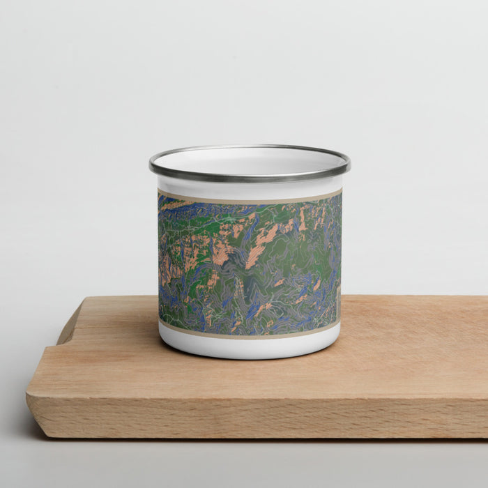 Front View Custom Mount Rogers Virginia Map Enamel Mug in Afternoon on Cutting Board