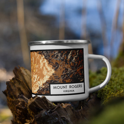 Right View Custom Mount Rogers Virginia Map Enamel Mug in Ember on Grass With Trees in Background