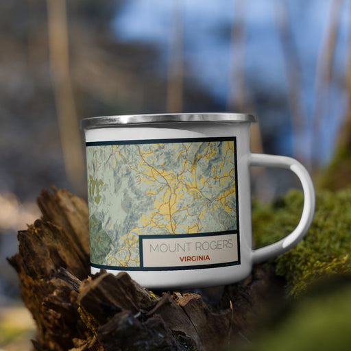 Right View Custom Mount Rogers Virginia Map Enamel Mug in Woodblock on Grass With Trees in Background