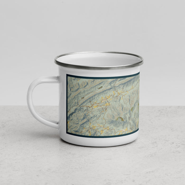 Left View Custom Mount Rogers Virginia Map Enamel Mug in Woodblock