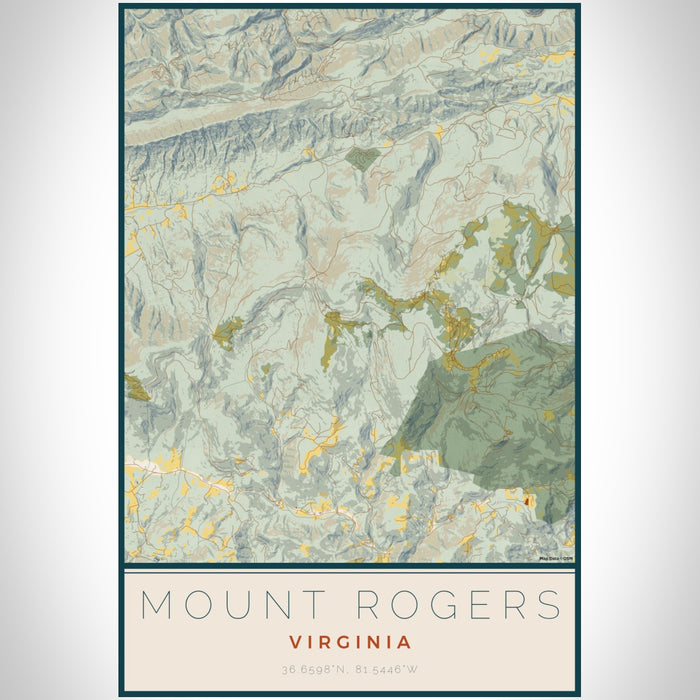 Mount Rogers Virginia Map Print Portrait Orientation in Woodblock Style With Shaded Background