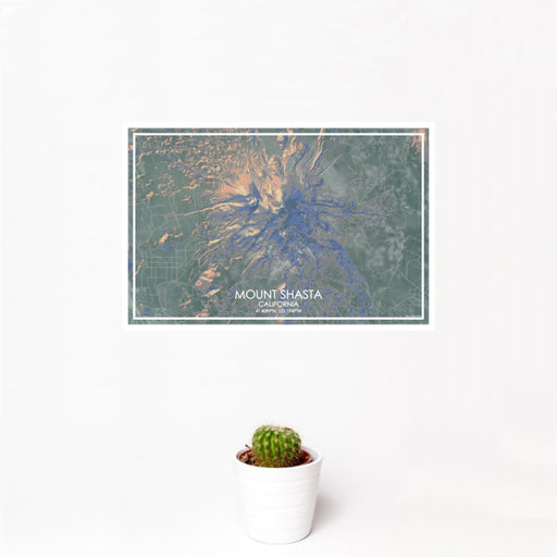 12x18 Mount Shasta California Map Print Landscape Orientation in Afternoon Style With Small Cactus Plant in White Planter