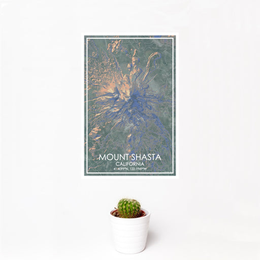 12x18 Mount Shasta California Map Print Portrait Orientation in Afternoon Style With Small Cactus Plant in White Planter