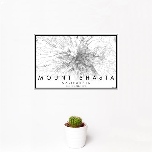 12x18 Mount Shasta California Map Print Landscape Orientation in Classic Style With Small Cactus Plant in White Planter
