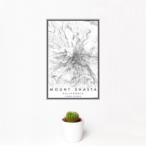 12x18 Mount Shasta California Map Print Portrait Orientation in Classic Style With Small Cactus Plant in White Planter