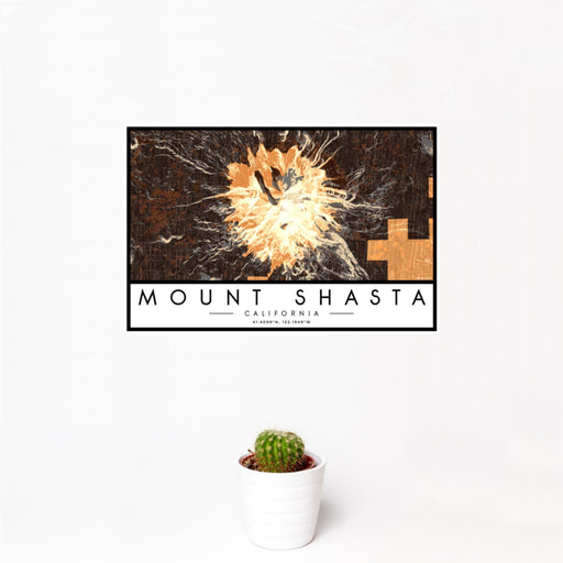 12x18 Mount Shasta California Map Print Landscape Orientation in Ember Style With Small Cactus Plant in White Planter