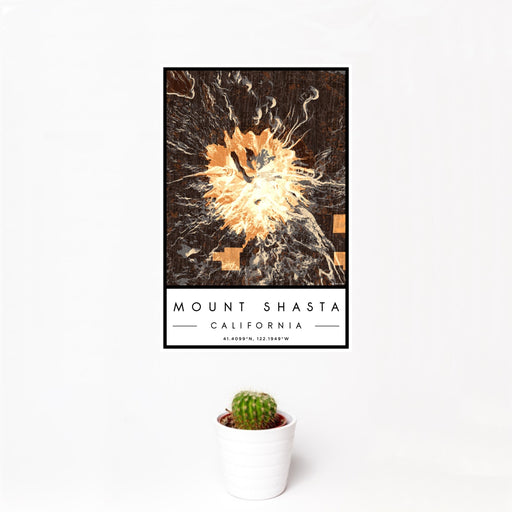 12x18 Mount Shasta California Map Print Portrait Orientation in Ember Style With Small Cactus Plant in White Planter