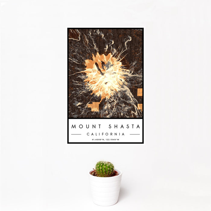 12x18 Mount Shasta California Map Print Portrait Orientation in Ember Style With Small Cactus Plant in White Planter