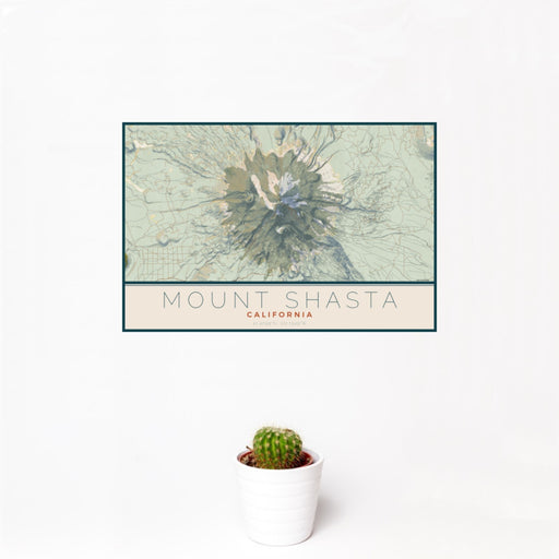12x18 Mount Shasta California Map Print Landscape Orientation in Woodblock Style With Small Cactus Plant in White Planter