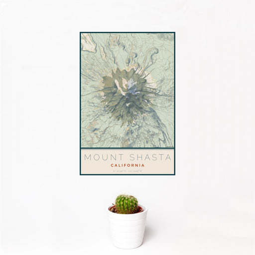 12x18 Mount Shasta California Map Print Portrait Orientation in Woodblock Style With Small Cactus Plant in White Planter