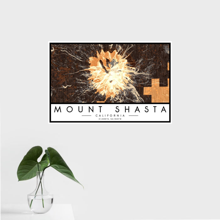 16x24 Mount Shasta California Map Print Landscape Orientation in Ember Style With Tropical Plant Leaves in Water