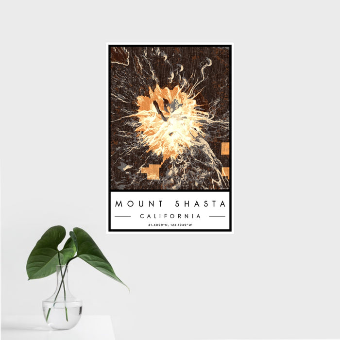 16x24 Mount Shasta California Map Print Portrait Orientation in Ember Style With Tropical Plant Leaves in Water