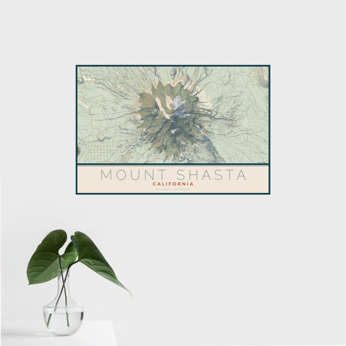 16x24 Mount Shasta California Map Print Landscape Orientation in Woodblock Style With Tropical Plant Leaves in Water