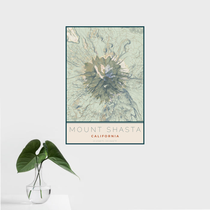 16x24 Mount Shasta California Map Print Portrait Orientation in Woodblock Style With Tropical Plant Leaves in Water