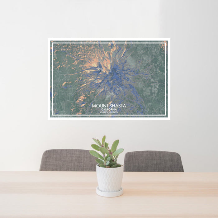 24x36 Mount Shasta California Map Print Lanscape Orientation in Afternoon Style Behind 2 Chairs Table and Potted Plant