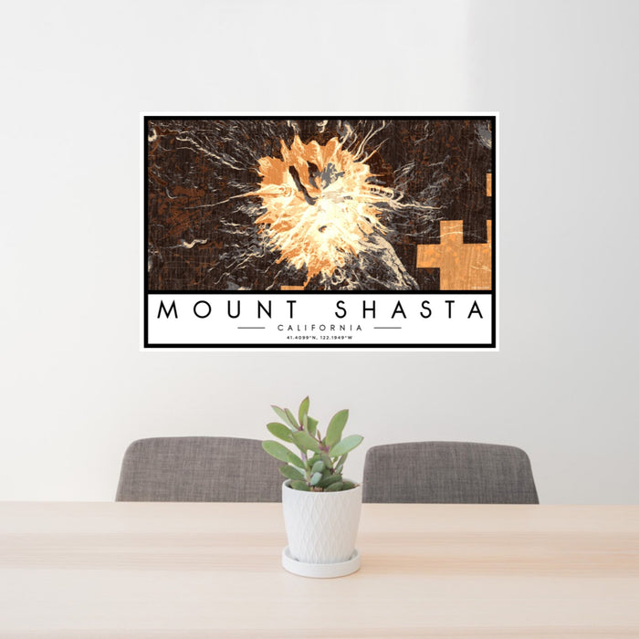 24x36 Mount Shasta California Map Print Lanscape Orientation in Ember Style Behind 2 Chairs Table and Potted Plant