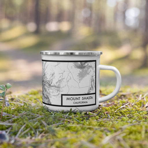 Right View Custom Mount Shasta California Map Enamel Mug in Classic on Grass With Trees in Background