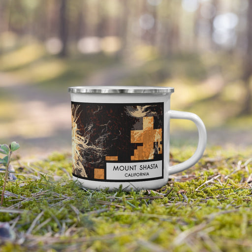 Right View Custom Mount Shasta California Map Enamel Mug in Ember on Grass With Trees in Background