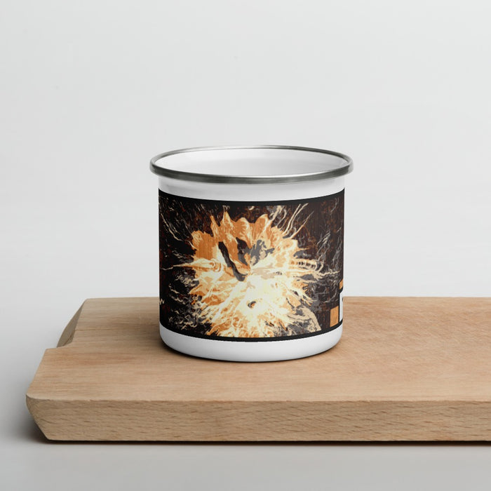 Front View Custom Mount Shasta California Map Enamel Mug in Ember on Cutting Board