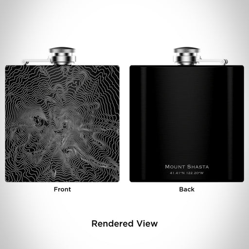 Rendered View of Mount Shasta California Map Engraving on 6oz Stainless Steel Flask in Black