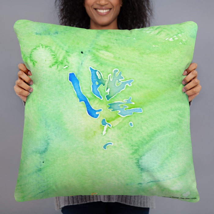 Person holding 22x22 Custom Mount Shasta California Map Throw Pillow in Watercolor