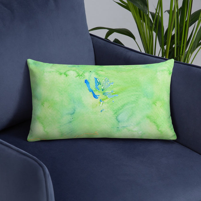 Custom Mount Shasta California Map Throw Pillow in Watercolor on Blue Colored Chair