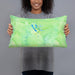 Person holding 20x12 Custom Mount Shasta California Map Throw Pillow in Watercolor