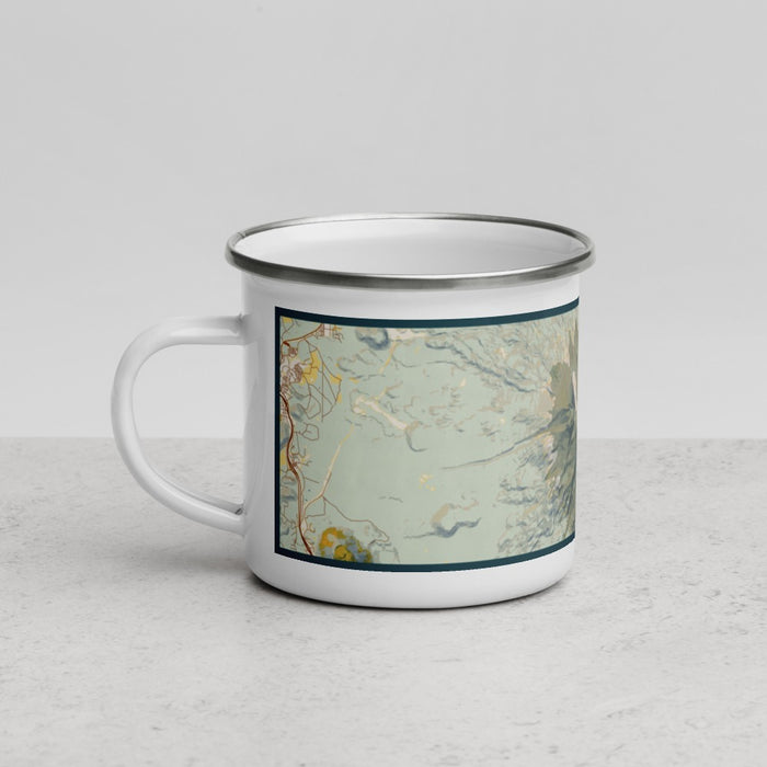 Left View Custom Mount Shasta California Map Enamel Mug in Woodblock