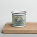 Front View Custom Mount Shasta California Map Enamel Mug in Woodblock on Cutting Board