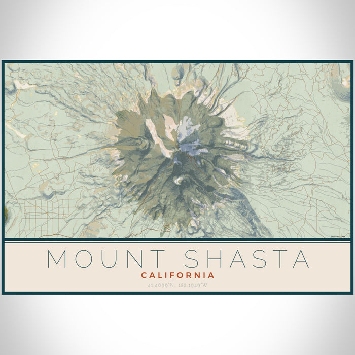 Mount Shasta California Map Print Landscape Orientation in Woodblock Style With Shaded Background
