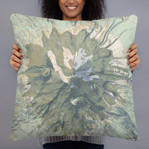Person holding 22x22 Custom Mount Shasta California Map Throw Pillow in Woodblock