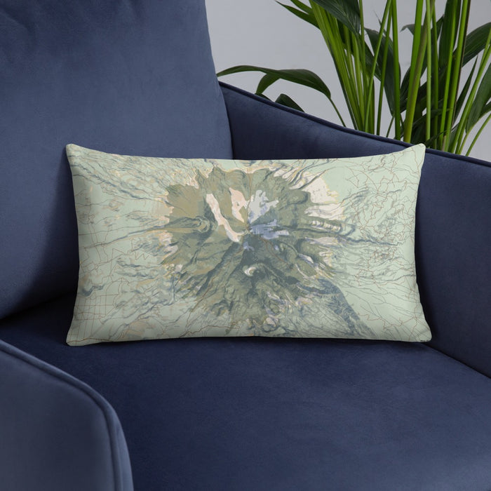 Custom Mount Shasta California Map Throw Pillow in Woodblock on Blue Colored Chair