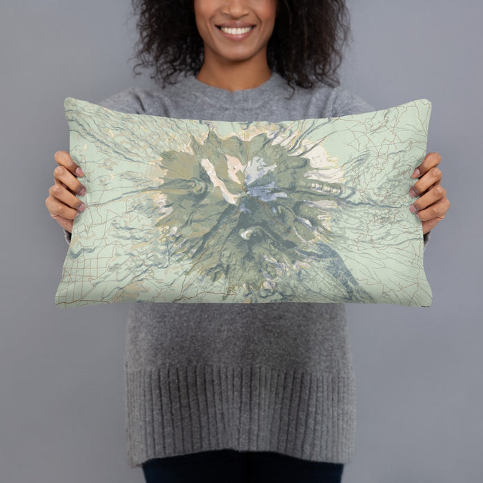 Person holding 20x12 Custom Mount Shasta California Map Throw Pillow in Woodblock