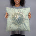 Person holding 18x18 Custom Mount Shasta California Map Throw Pillow in Woodblock