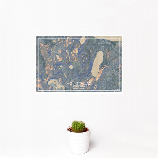 12x18 Mount Tallac California Map Print Landscape Orientation in Afternoon Style With Small Cactus Plant in White Planter