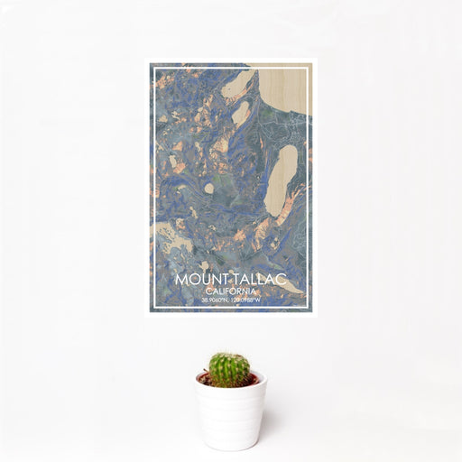 12x18 Mount Tallac California Map Print Portrait Orientation in Afternoon Style With Small Cactus Plant in White Planter