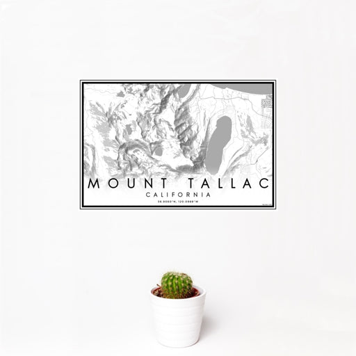 12x18 Mount Tallac California Map Print Landscape Orientation in Classic Style With Small Cactus Plant in White Planter