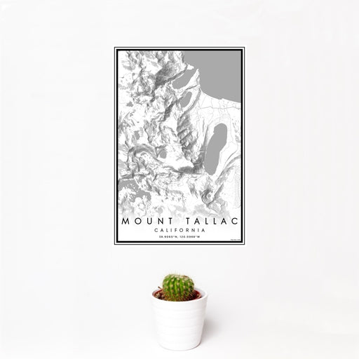 12x18 Mount Tallac California Map Print Portrait Orientation in Classic Style With Small Cactus Plant in White Planter
