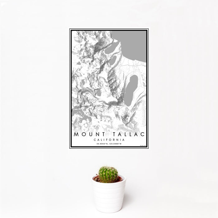 12x18 Mount Tallac California Map Print Portrait Orientation in Classic Style With Small Cactus Plant in White Planter
