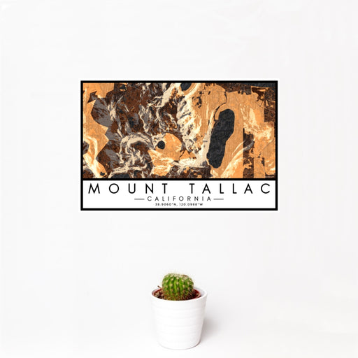 12x18 Mount Tallac California Map Print Landscape Orientation in Ember Style With Small Cactus Plant in White Planter