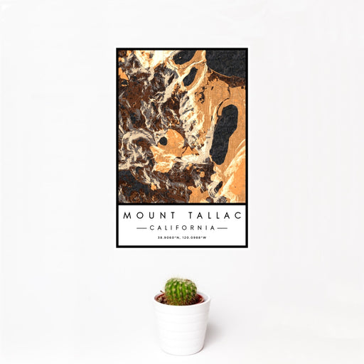 12x18 Mount Tallac California Map Print Portrait Orientation in Ember Style With Small Cactus Plant in White Planter