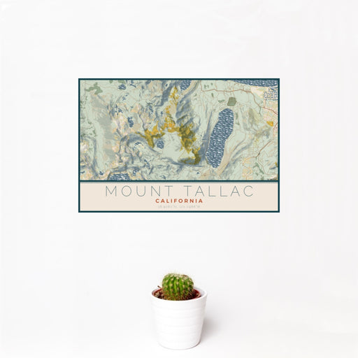 12x18 Mount Tallac California Map Print Landscape Orientation in Woodblock Style With Small Cactus Plant in White Planter