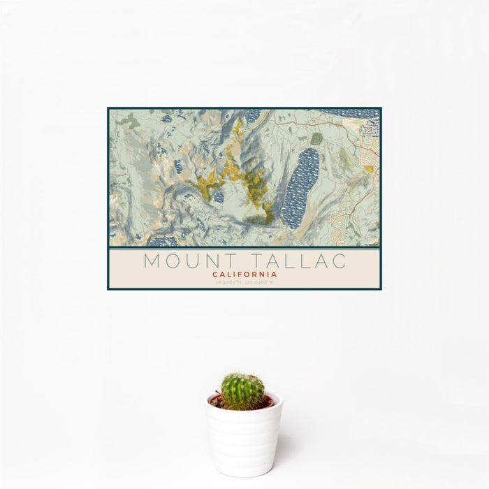 12x18 Mount Tallac California Map Print Landscape Orientation in Woodblock Style With Small Cactus Plant in White Planter