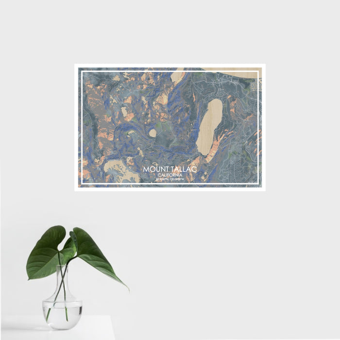 16x24 Mount Tallac California Map Print Landscape Orientation in Afternoon Style With Tropical Plant Leaves in Water