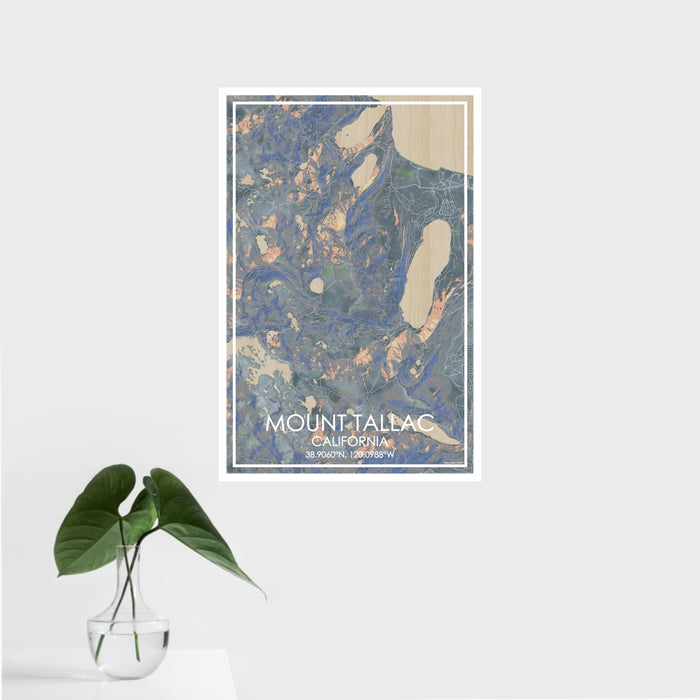 16x24 Mount Tallac California Map Print Portrait Orientation in Afternoon Style With Tropical Plant Leaves in Water
