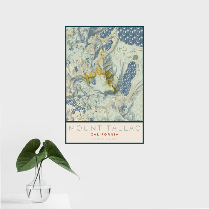 16x24 Mount Tallac California Map Print Portrait Orientation in Woodblock Style With Tropical Plant Leaves in Water