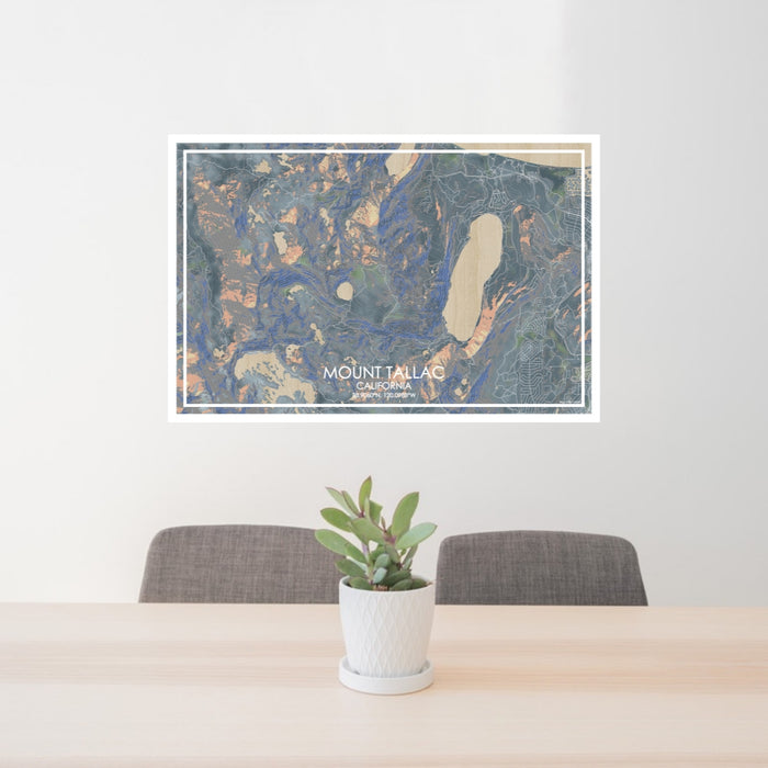 24x36 Mount Tallac California Map Print Lanscape Orientation in Afternoon Style Behind 2 Chairs Table and Potted Plant